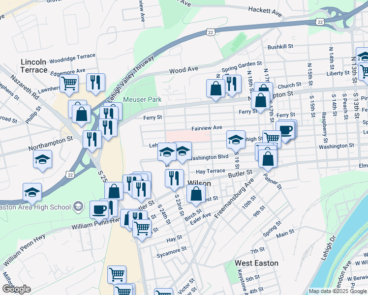 map of restaurants, bars, coffee shops, grocery stores, and more near 2100 Lehigh Street in Easton