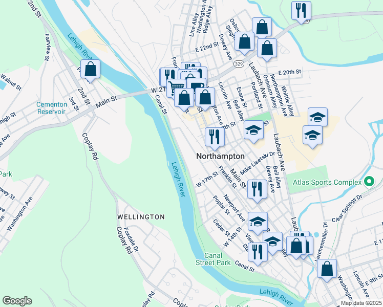 map of restaurants, bars, coffee shops, grocery stores, and more near 1761 Canal Street in Northampton