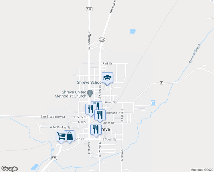 map of restaurants, bars, coffee shops, grocery stores, and more near 598 North Market Street in Shreve