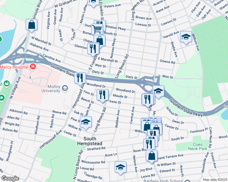 map of restaurants, bars, coffee shops, grocery stores, and more near 1027 Long Beach Road in South Hempstead