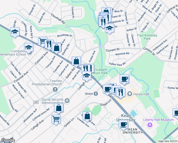 map of restaurants, bars, coffee shops, grocery stores, and more near in Union