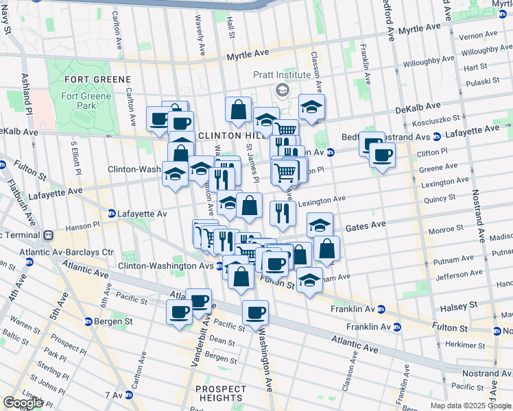 map of restaurants, bars, coffee shops, grocery stores, and more near 118 Saint James Place in Brooklyn