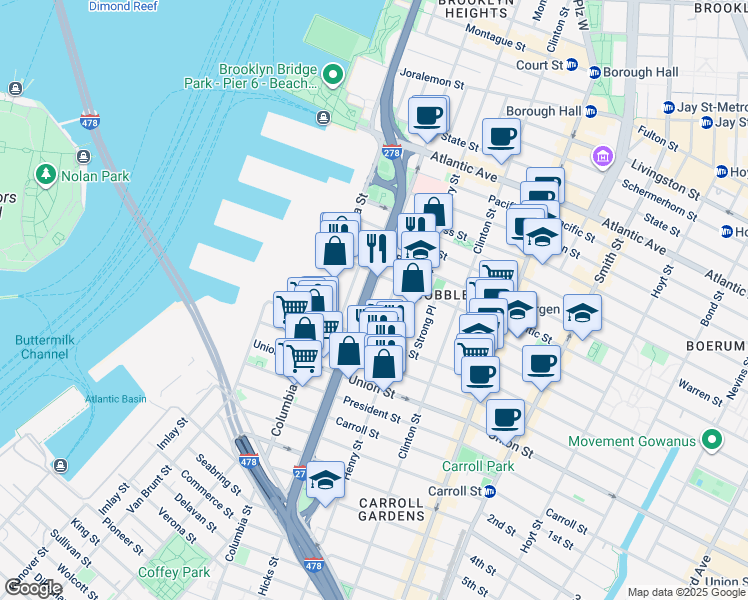 map of restaurants, bars, coffee shops, grocery stores, and more near 479 Hicks Street in Brooklyn