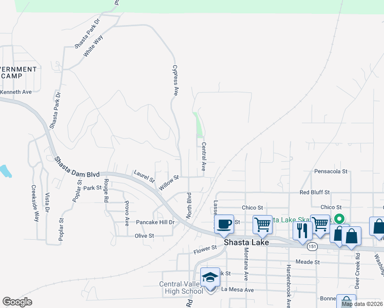 map of restaurants, bars, coffee shops, grocery stores, and more near 1052 Central Avenue in Shasta Lake
