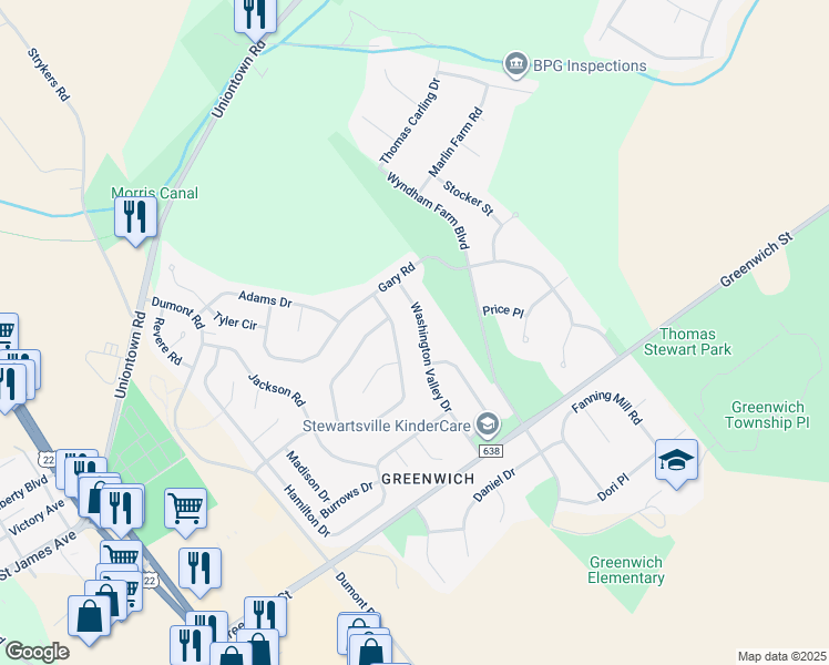 map of restaurants, bars, coffee shops, grocery stores, and more near 1710 Washington Valley Drive in Stewartsville
