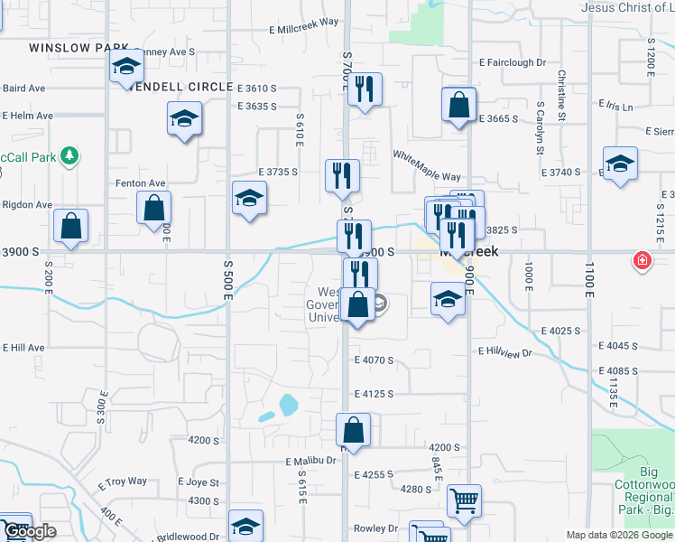 map of restaurants, bars, coffee shops, grocery stores, and more near 3970 700 East in Millcreek