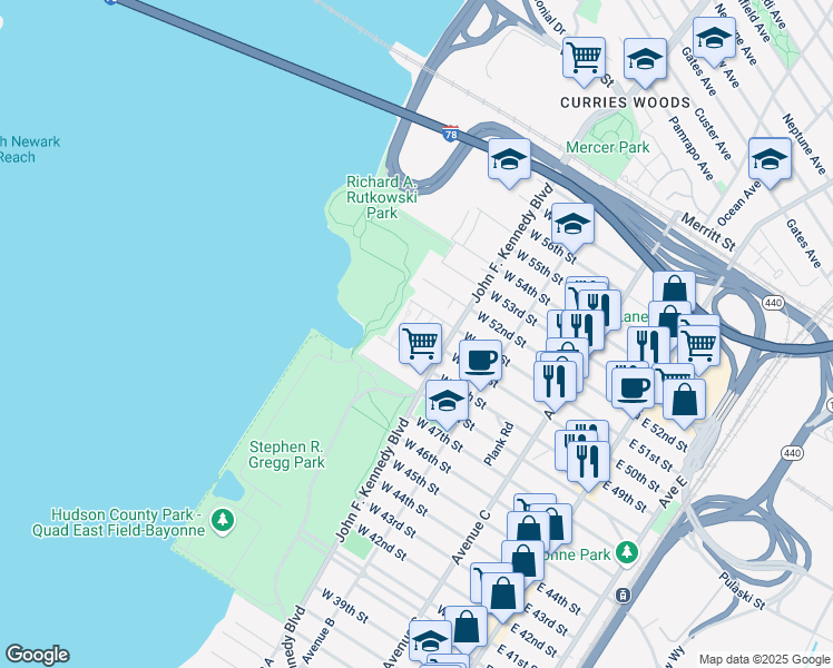 map of restaurants, bars, coffee shops, grocery stores, and more near 1143 John F. Kennedy Boulevard in Bayonne