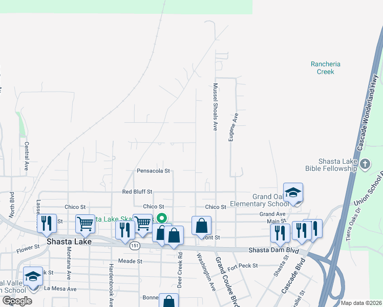 map of restaurants, bars, coffee shops, grocery stores, and more near 1136 Washington Avenue in Shasta Lake