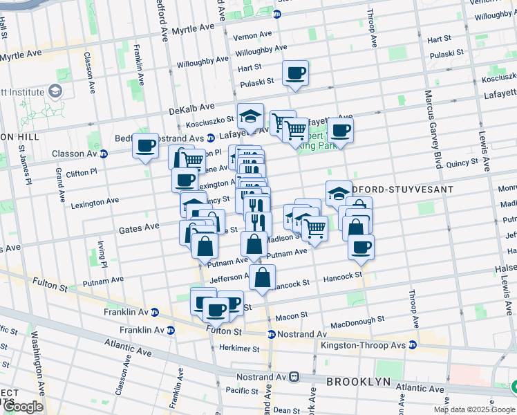 map of restaurants, bars, coffee shops, grocery stores, and more near 415 Gates Avenue in Brooklyn