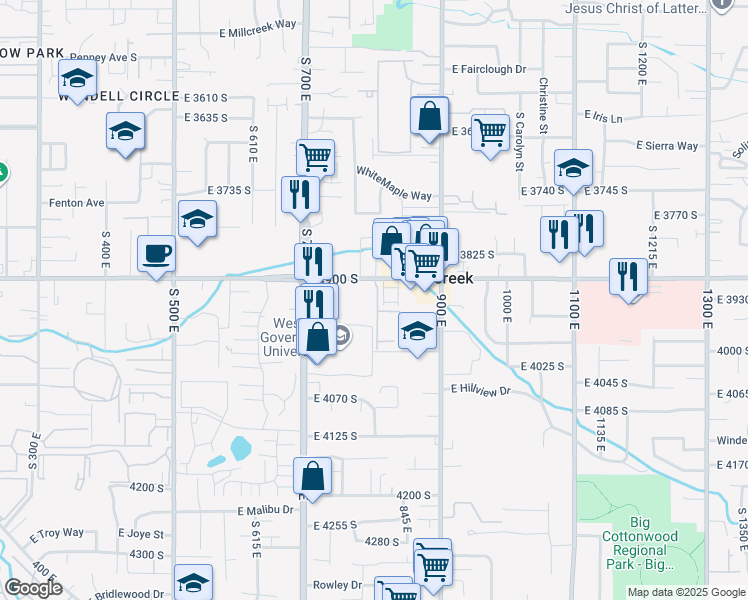 map of restaurants, bars, coffee shops, grocery stores, and more near 3938 South 805 East Street in Millcreek