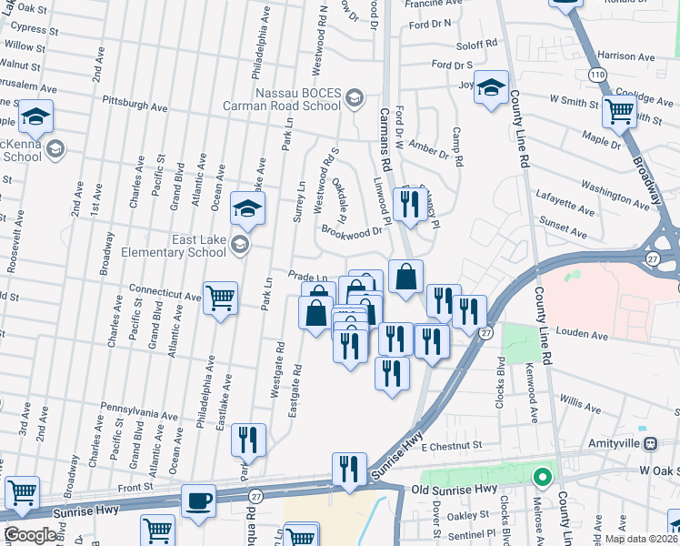map of restaurants, bars, coffee shops, grocery stores, and more near 2 Prade Lane in Massapequa Park