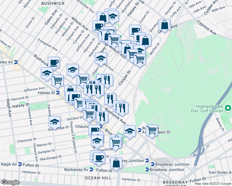 map of restaurants, bars, coffee shops, grocery stores, and more near 697C Evergreen Avenue in Brooklyn