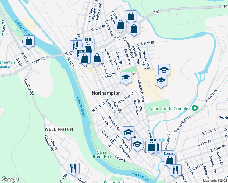 map of restaurants, bars, coffee shops, grocery stores, and more near 1660 Washington Avenue in Northampton