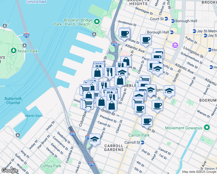 map of restaurants, bars, coffee shops, grocery stores, and more near 30 Cheever Place in Brooklyn