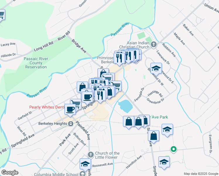 map of restaurants, bars, coffee shops, grocery stores, and more near 384 Springfield Avenue in Berkeley Heights