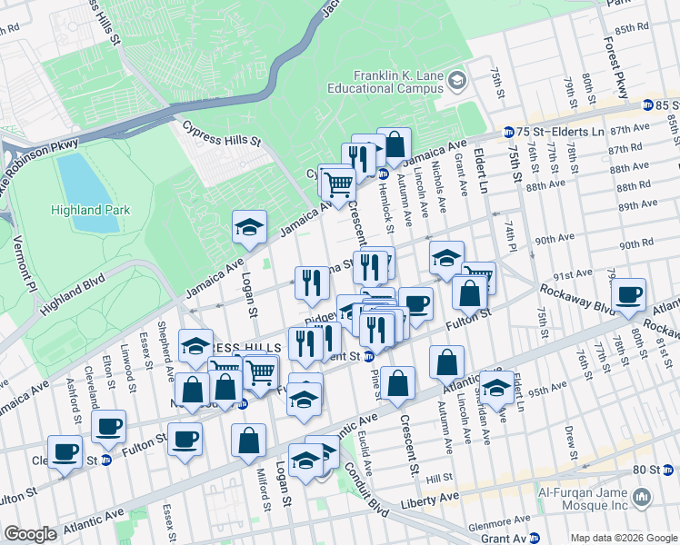 map of restaurants, bars, coffee shops, grocery stores, and more near 106 Euclid Avenue in Brooklyn