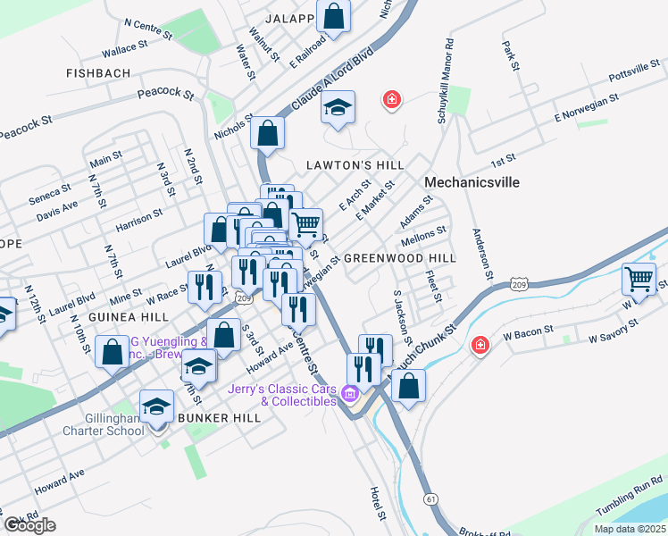 map of restaurants, bars, coffee shops, grocery stores, and more near 333 East Norwegian Street in Pottsville