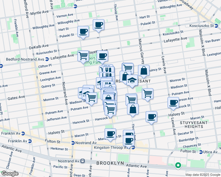 map of restaurants, bars, coffee shops, grocery stores, and more near 364 Monroe Street in Brooklyn