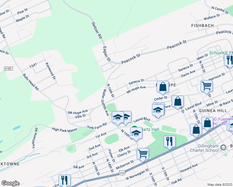map of restaurants, bars, coffee shops, grocery stores, and more near 1524 Mount Hope Avenue in Pottsville