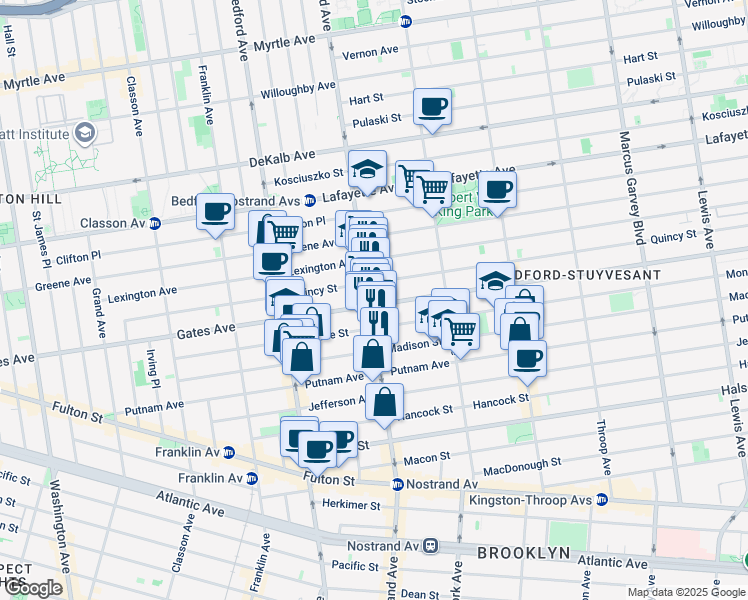 map of restaurants, bars, coffee shops, grocery stores, and more near 347 Nostrand Avenue in Brooklyn