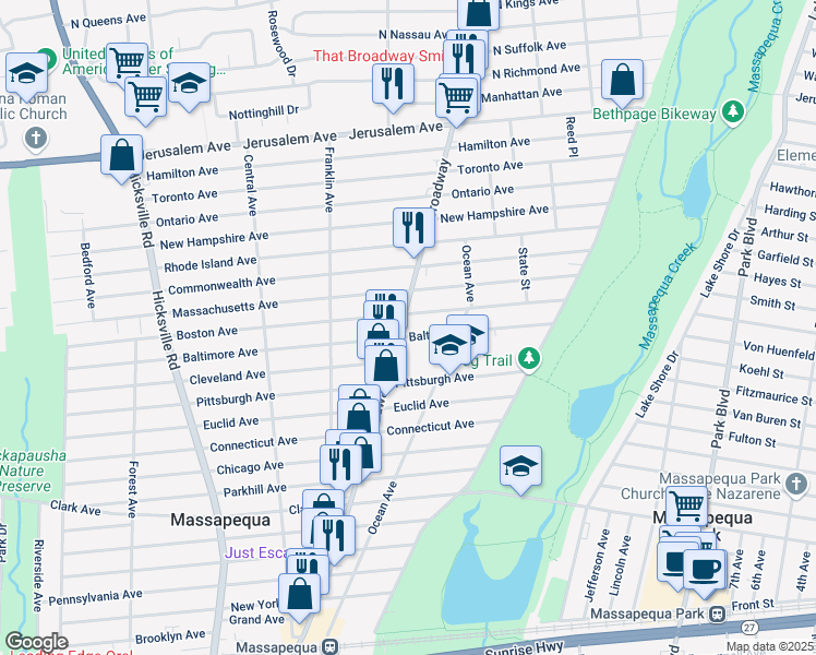 map of restaurants, bars, coffee shops, grocery stores, and more near 624 Broadway in Massapequa