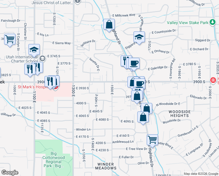 map of restaurants, bars, coffee shops, grocery stores, and more near 1469 Brooklane circle south in Millcreek