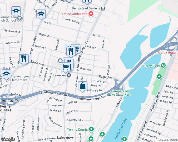 map of restaurants, bars, coffee shops, grocery stores, and more near 587 Eagle Avenue in West Hempstead