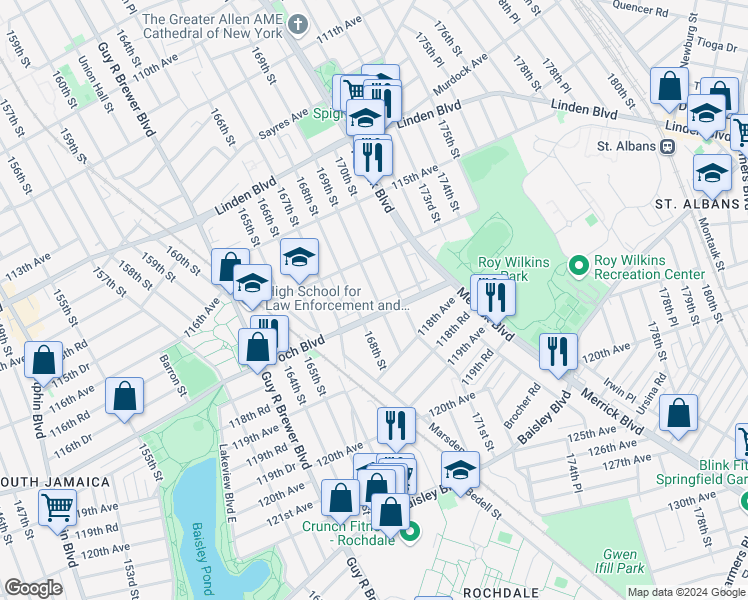 map of restaurants, bars, coffee shops, grocery stores, and more near 169-06 Foch Boulevard in Queens