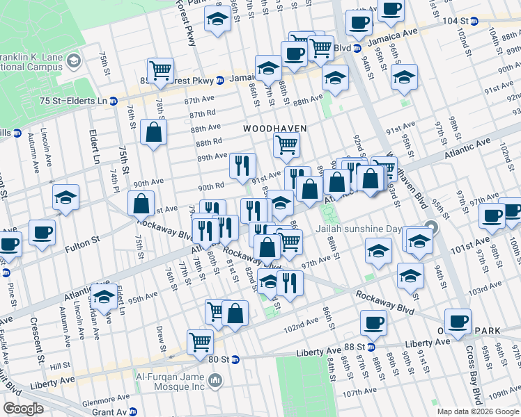 map of restaurants, bars, coffee shops, grocery stores, and more near in Queens