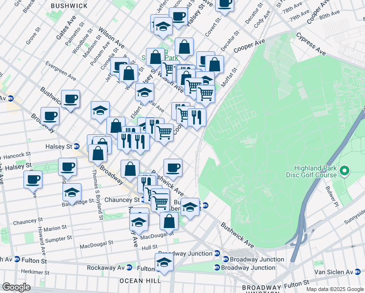 map of restaurants, bars, coffee shops, grocery stores, and more near 760 Chauncey Street in Brooklyn