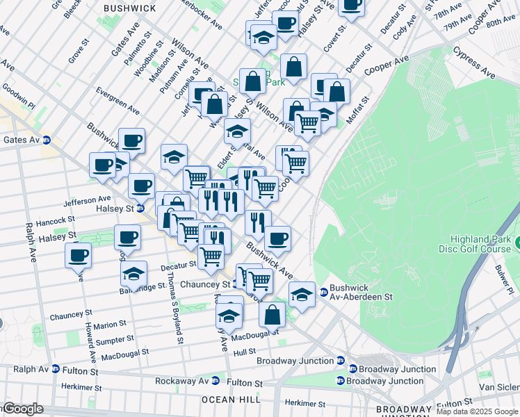 map of restaurants, bars, coffee shops, grocery stores, and more near 83A Cooper Street in Brooklyn
