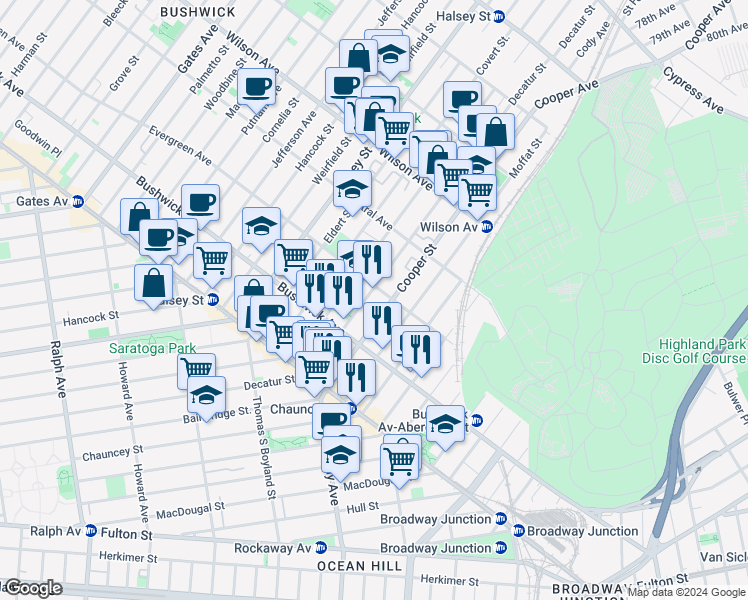 map of restaurants, bars, coffee shops, grocery stores, and more near 83A Cooper Street in Brooklyn