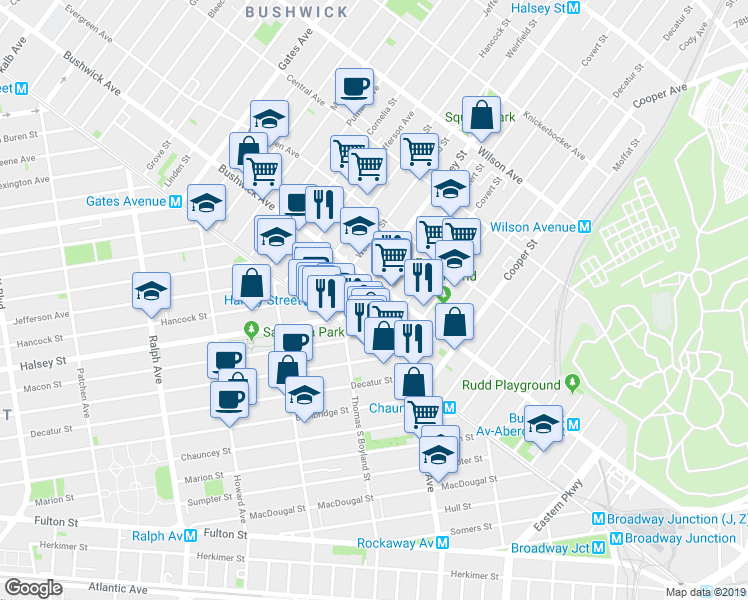map of restaurants, bars, coffee shops, grocery stores, and more near 25 Eldert Street in Brooklyn