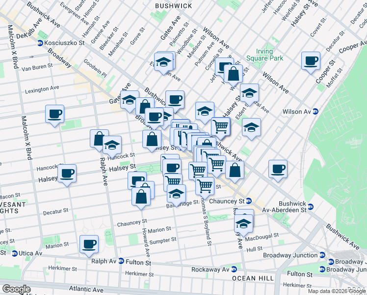 map of restaurants, bars, coffee shops, grocery stores, and more near 1567 Broadway in Brooklyn