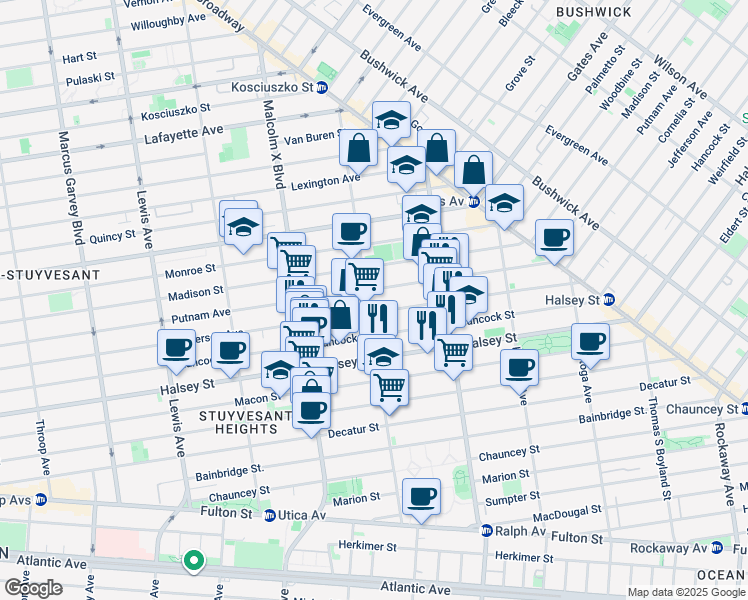 map of restaurants, bars, coffee shops, grocery stores, and more near 780 Jefferson Avenue in Brooklyn