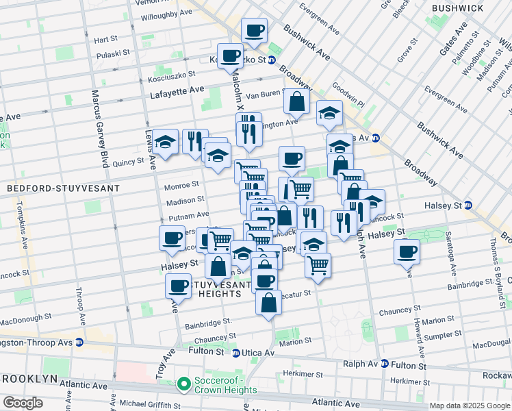 map of restaurants, bars, coffee shops, grocery stores, and more near Putnam Avenue & Malcolm X Boulevard in Brooklyn