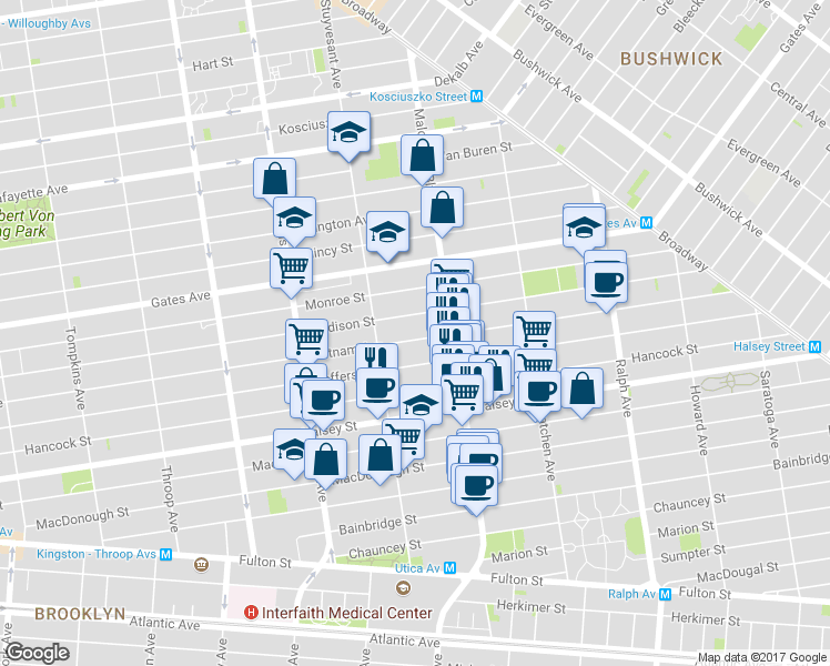 map of restaurants, bars, coffee shops, grocery stores, and more near 784 Putnam Avenue in Brooklyn