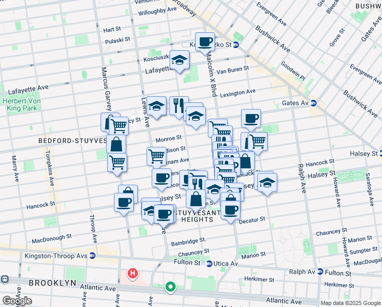 map of restaurants, bars, coffee shops, grocery stores, and more near 742 Putnam Avenue in Brooklyn