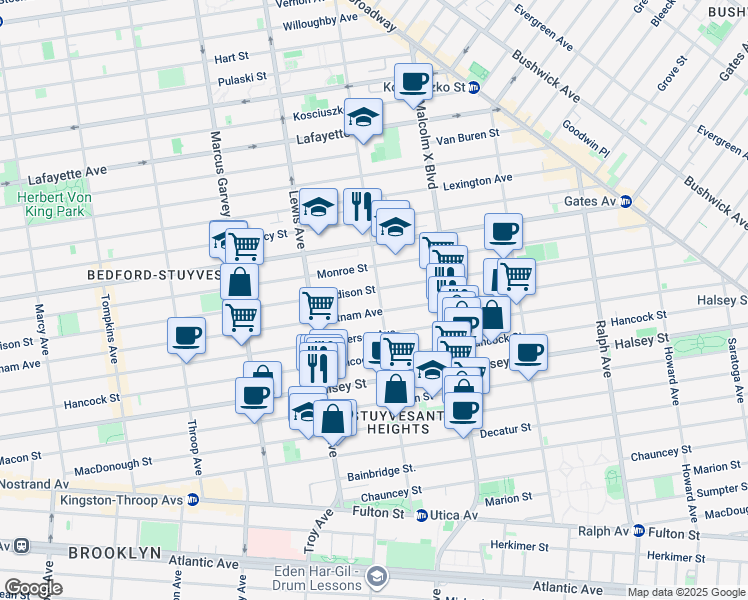 map of restaurants, bars, coffee shops, grocery stores, and more near 703 Putnam Avenue in Brooklyn