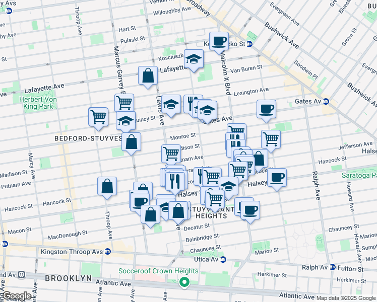 map of restaurants, bars, coffee shops, grocery stores, and more near 703 Putnam Avenue in Brooklyn