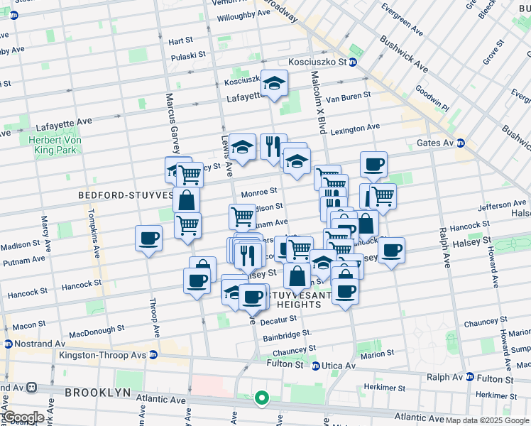 map of restaurants, bars, coffee shops, grocery stores, and more near 703 Putnam Avenue in Brooklyn