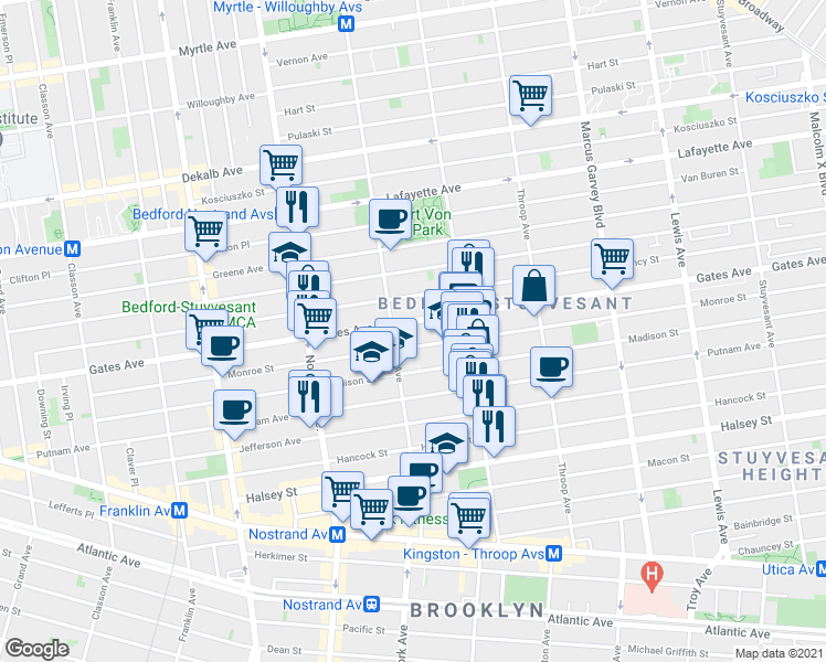 map of restaurants, bars, coffee shops, grocery stores, and more near 283 Monroe Street in Brooklyn