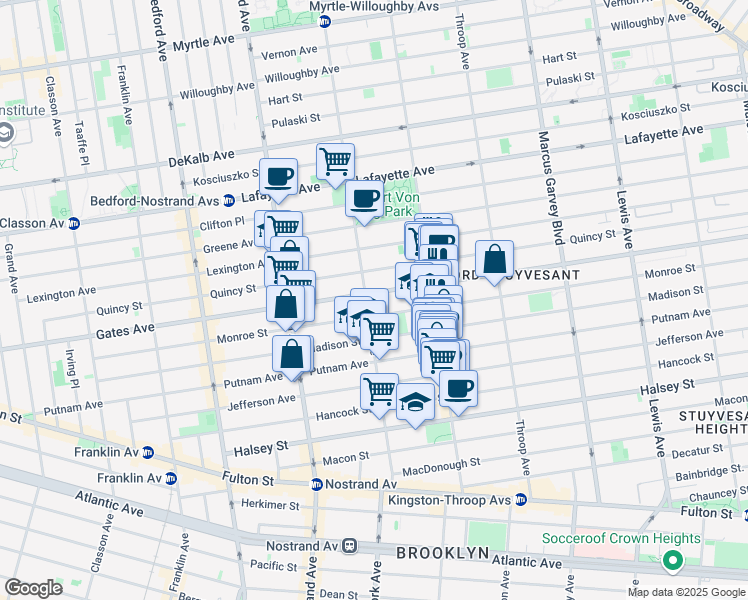 map of restaurants, bars, coffee shops, grocery stores, and more near 283 Monroe Street in Brooklyn