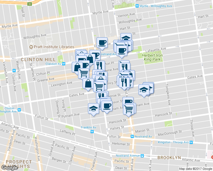 map of restaurants, bars, coffee shops, grocery stores, and more near 338A Gates Avenue in Brooklyn
