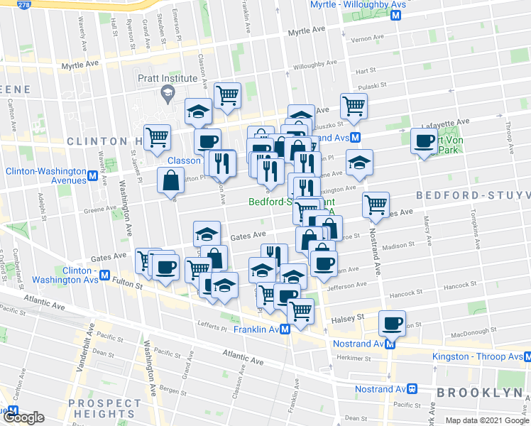 map of restaurants, bars, coffee shops, grocery stores, and more near 94 Quincy Street in Brooklyn