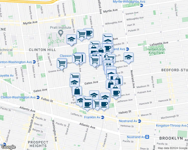 map of restaurants, bars, coffee shops, grocery stores, and more near 94 Quincy Street in Brooklyn