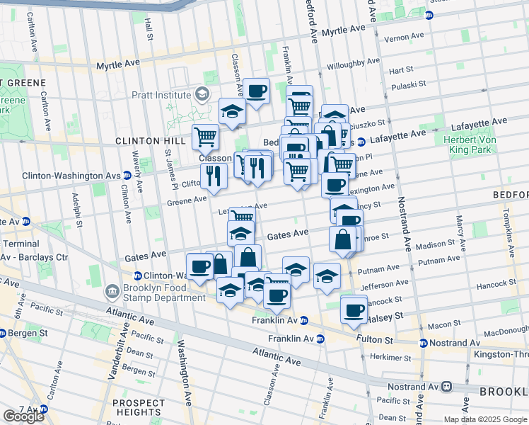 map of restaurants, bars, coffee shops, grocery stores, and more near 46 Quincy Street in Brooklyn