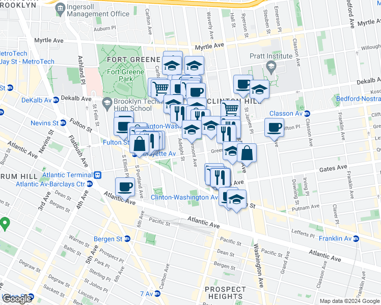map of restaurants, bars, coffee shops, grocery stores, and more near 72 Greene Avenue in Brooklyn
