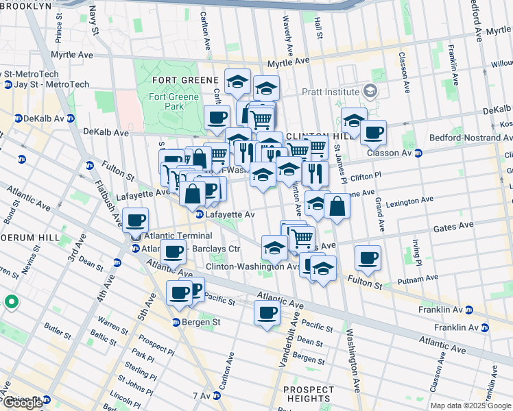 map of restaurants, bars, coffee shops, grocery stores, and more near 72 Greene Avenue in Brooklyn