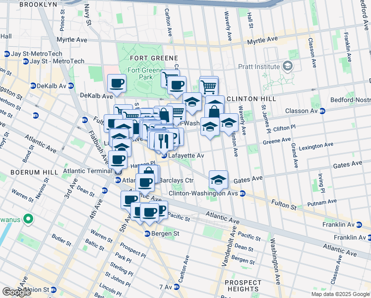 map of restaurants, bars, coffee shops, grocery stores, and more near 19 Greene Avenue in Brooklyn